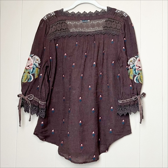 Embroidered Lace Trim Blouse - Brown - Picture 5 of 11